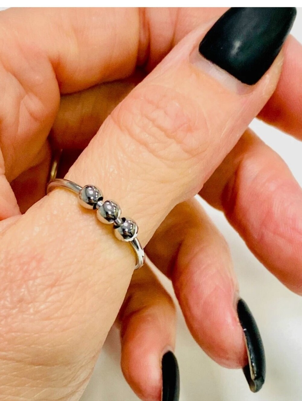 Fidget Bead Ring,  Adjustable Size, Silver tone